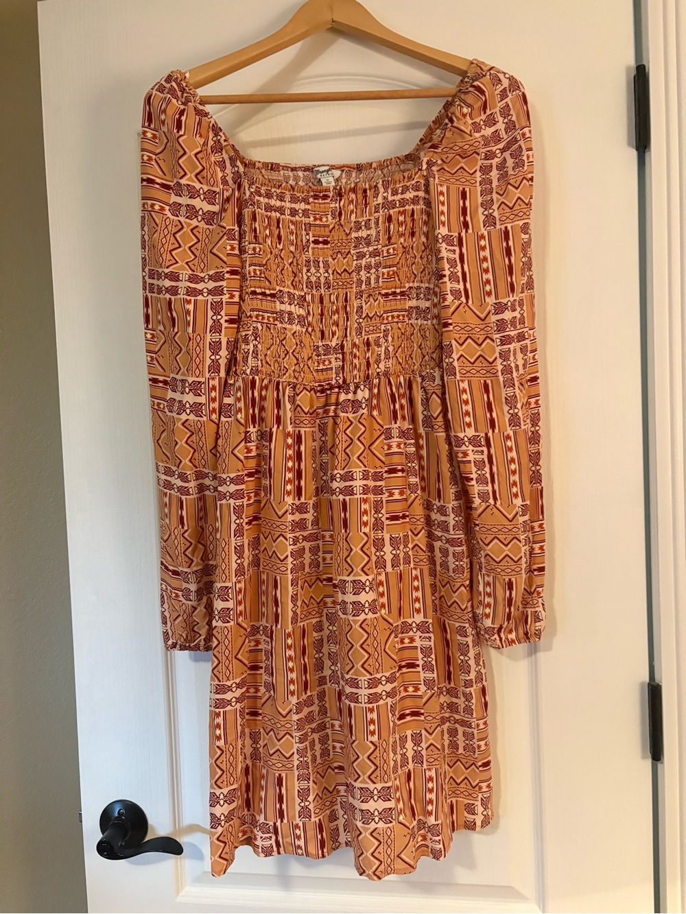 WRANGLER Boho Long Sleeve Smocked Mini Dress